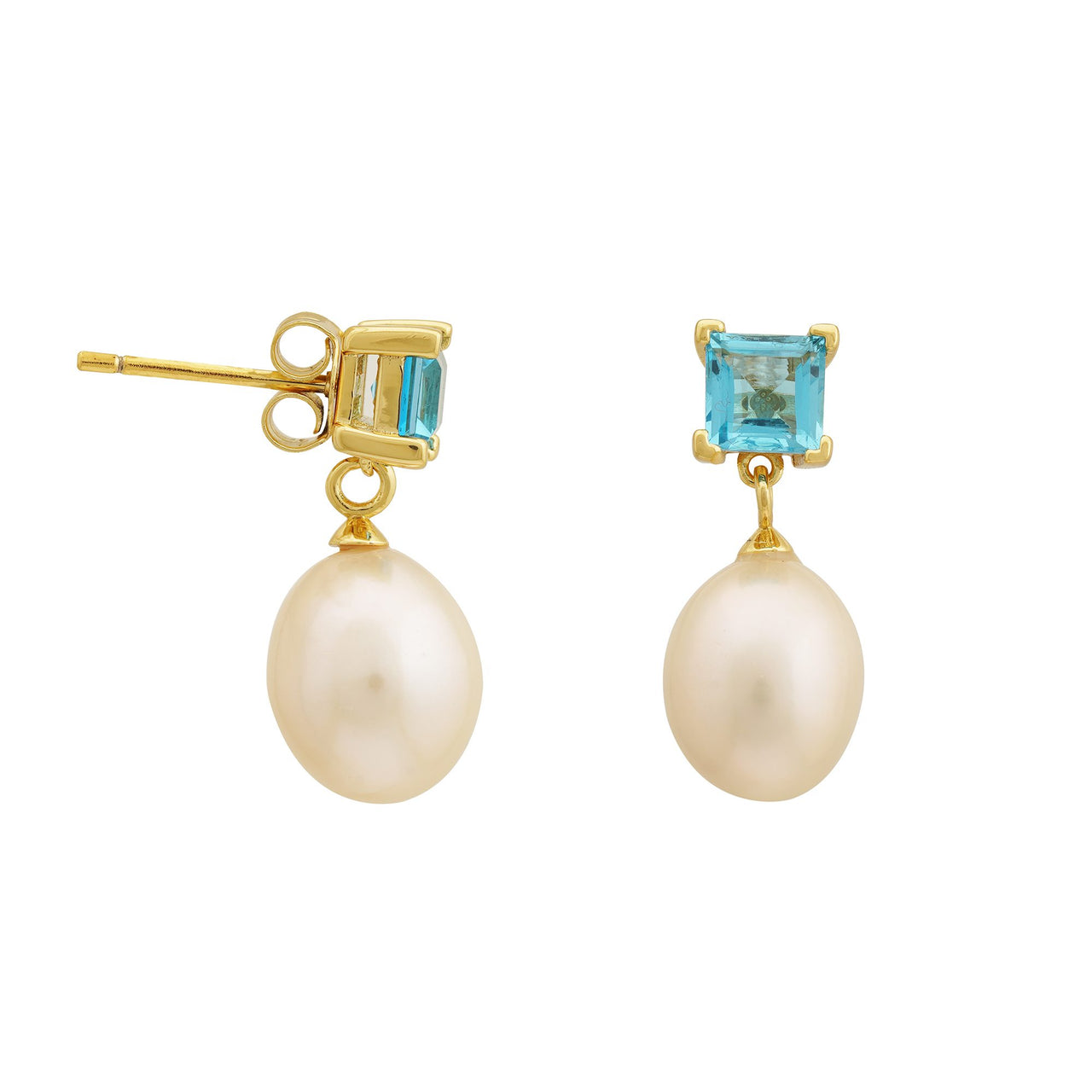 4 MM Swiss Blue Topaz Stone & 9 - 9.5 MM Freshwater Pearl Bordeaux Earrings in 24 CT Gold Plated Silver 925 Setting-0