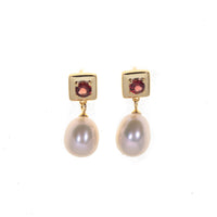 Thumbnail for 4 MM Rhodolite Garnet Stone & 9 - 9.5 MM Freshwater Pearl Vienna Earrings in 24 CT Gold Plated Silver 925 Setting-0