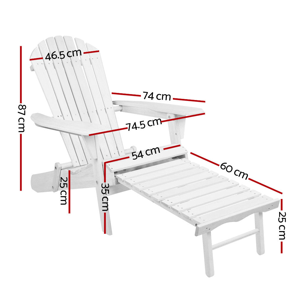 Gardeon Adirondack Outdoor Chairs Wooden Foldable Sun Lounge Patio Furniture White