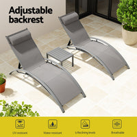 Thumbnail for Gardeon 3PC Sun Lounge Outdoor Lounger Steel Table Chairs Patio Furniture Grey