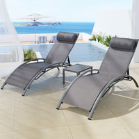 Thumbnail for Gardeon 3PC Sun Lounge Outdoor Lounger Steel Table Chairs Patio Furniture Grey