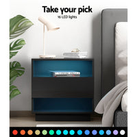 Thumbnail for Artiss Bedside Table LED with 2 Shelves - HANA Black