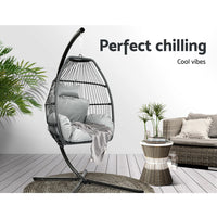 Thumbnail for Gardeon Outdoor Egg Swing Chair Wicker Rope Furniture Pod Stand Cushion Grey