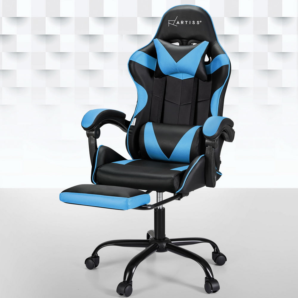 Artiss 2 Point Massage Gaming Office Chair Footrest Cyan Blue