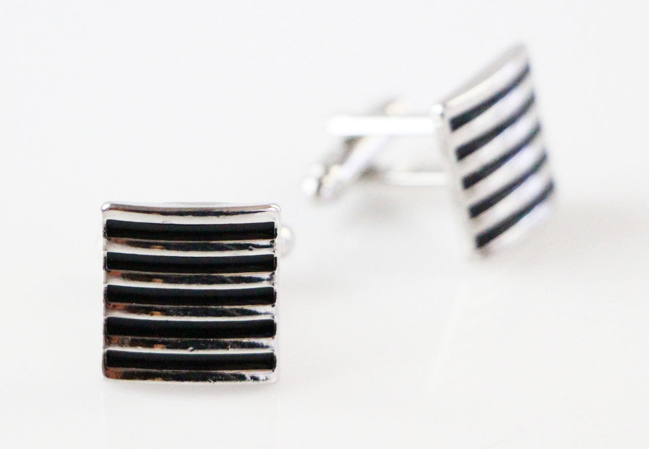 Mens Black And Silver Striped Square Cufflinks-0