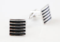 Thumbnail for Mens Black And Silver Striped Square Cufflinks-0