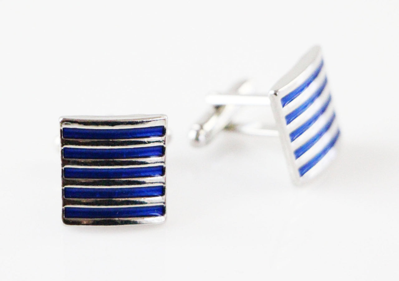 Mens Blue And Silver Striped Square Cufflinks-0