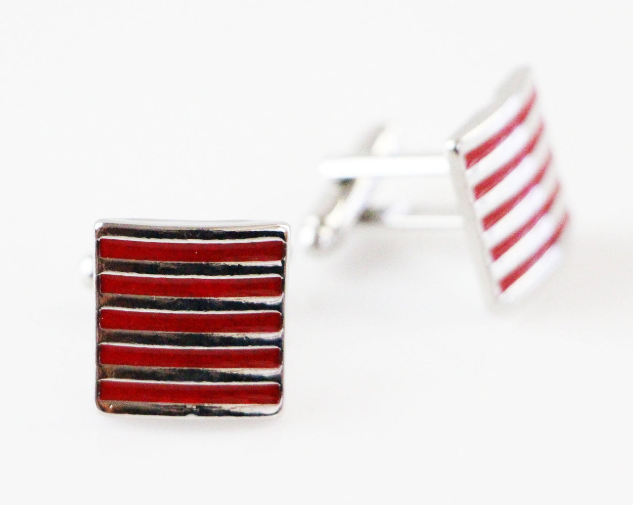 Mens Red And Silver Striped Square Cufflinks-0