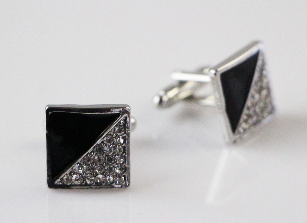 Mens Silver And Black Square Diamante Cufflinks-0