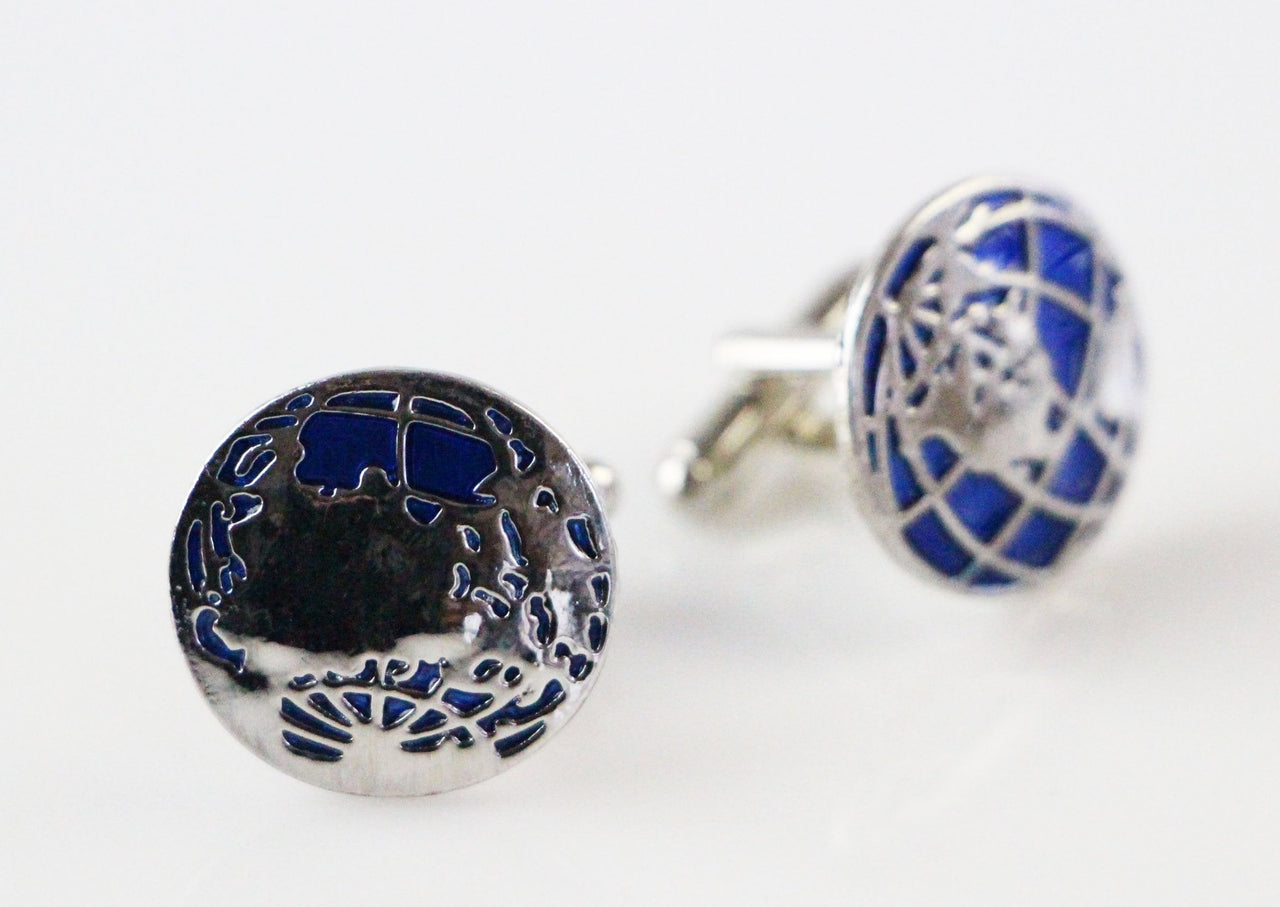 Mens Silver And Blue World Map Cufflinks-0