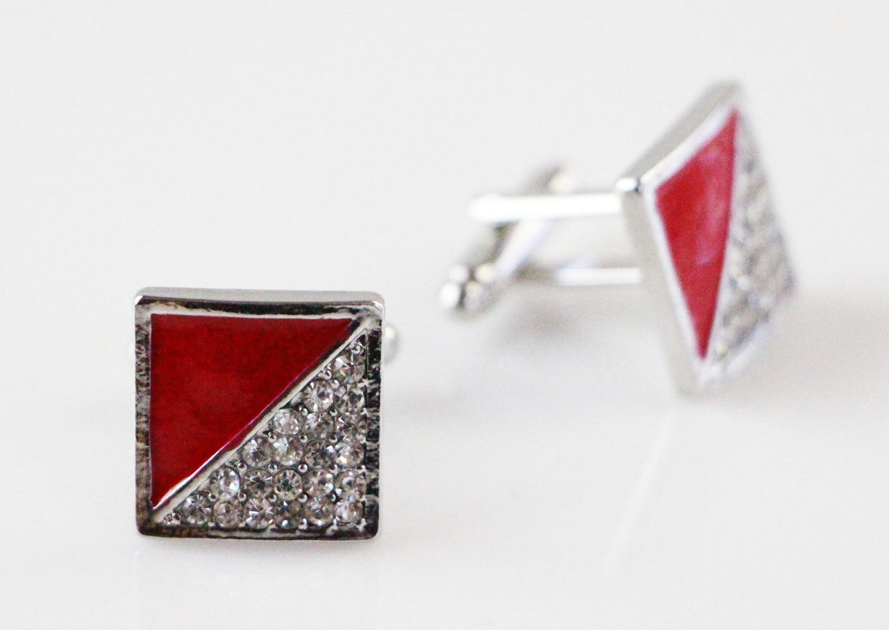 Mens Silver And Red Square Diamante Cufflinks-0