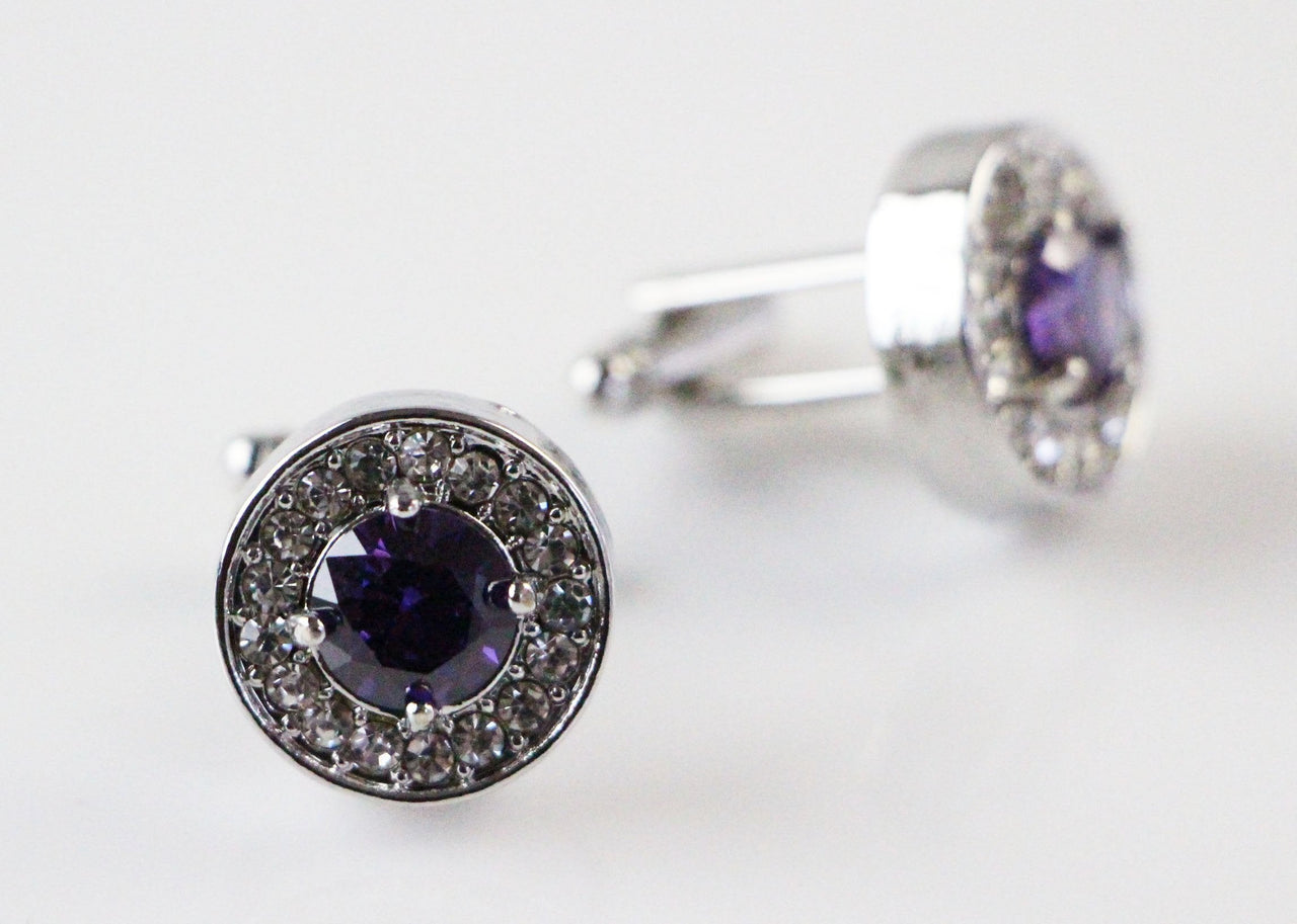 Mens Silver Circular Purple Diamond Cufflinks-0