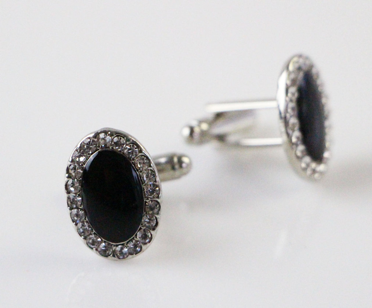 Mens Silver Oval With Black Diamond Cufflinks-0