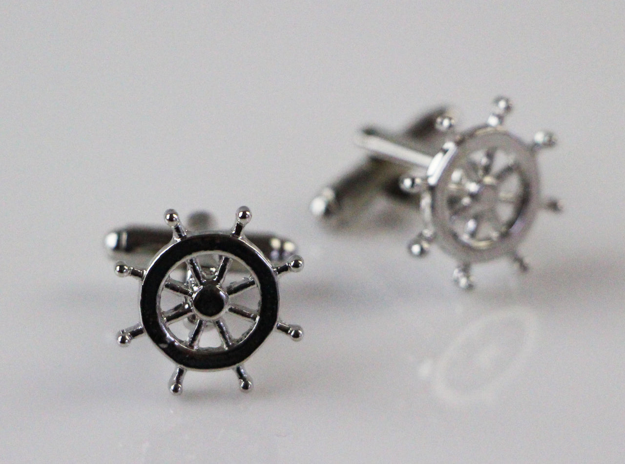 Mens Silver Ship Helm Cufflinks-0