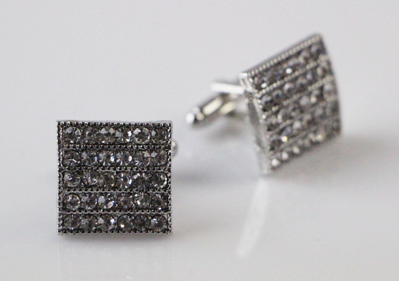 Mens Silver Square Diamante Cufflinks-0