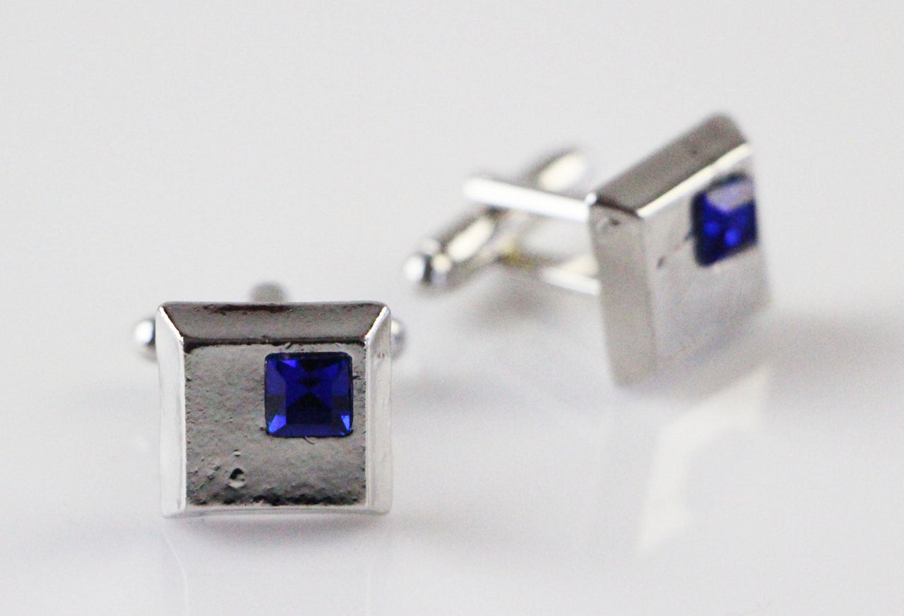 Mens Silver With Small Blue Diamond Cufflinks-0