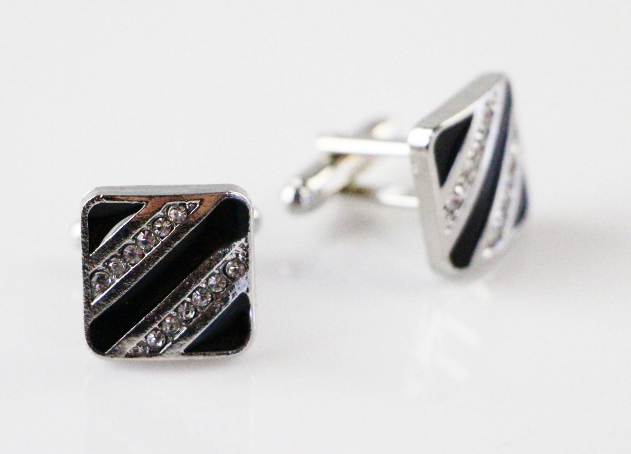 Mens Square With Black And Silver Diagonal Stripes Cufflinks-0