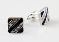 Thumbnail for Mens Square With Black And Silver Diagonal Stripes Cufflinks-0