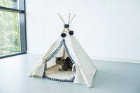 Thumbnail for Natural Canvas Cotton Pom Pom Pet Teepee in Cream & Grey-2