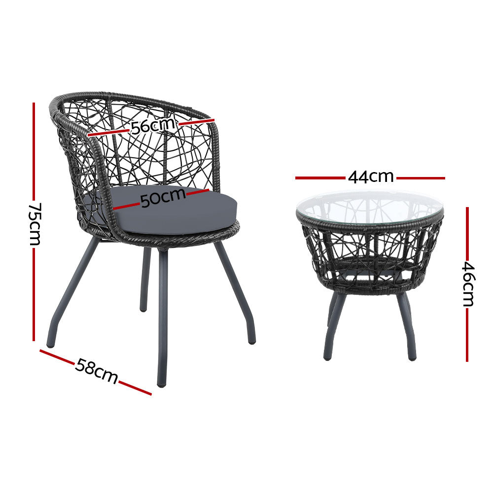 Gardeon 3PC Bistro Set Outdoor Furniture Rattan Table Chairs Patio Garden Cushion Black