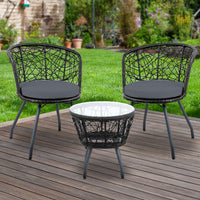 Thumbnail for Gardeon 3PC Bistro Set Outdoor Furniture Rattan Table Chairs Patio Garden Cushion Black