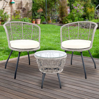 Thumbnail for Gardeon 3PC Bistro Set Outdoor Furniture Rattan Table Chairs Patio Garden Cushion Grey