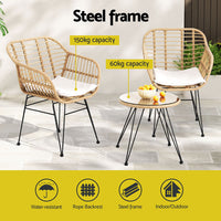 Thumbnail for Gardeon 3PC Outdoor Furniture Bistro Set Lounge Setting Table Chairs Cushion Patio Grey