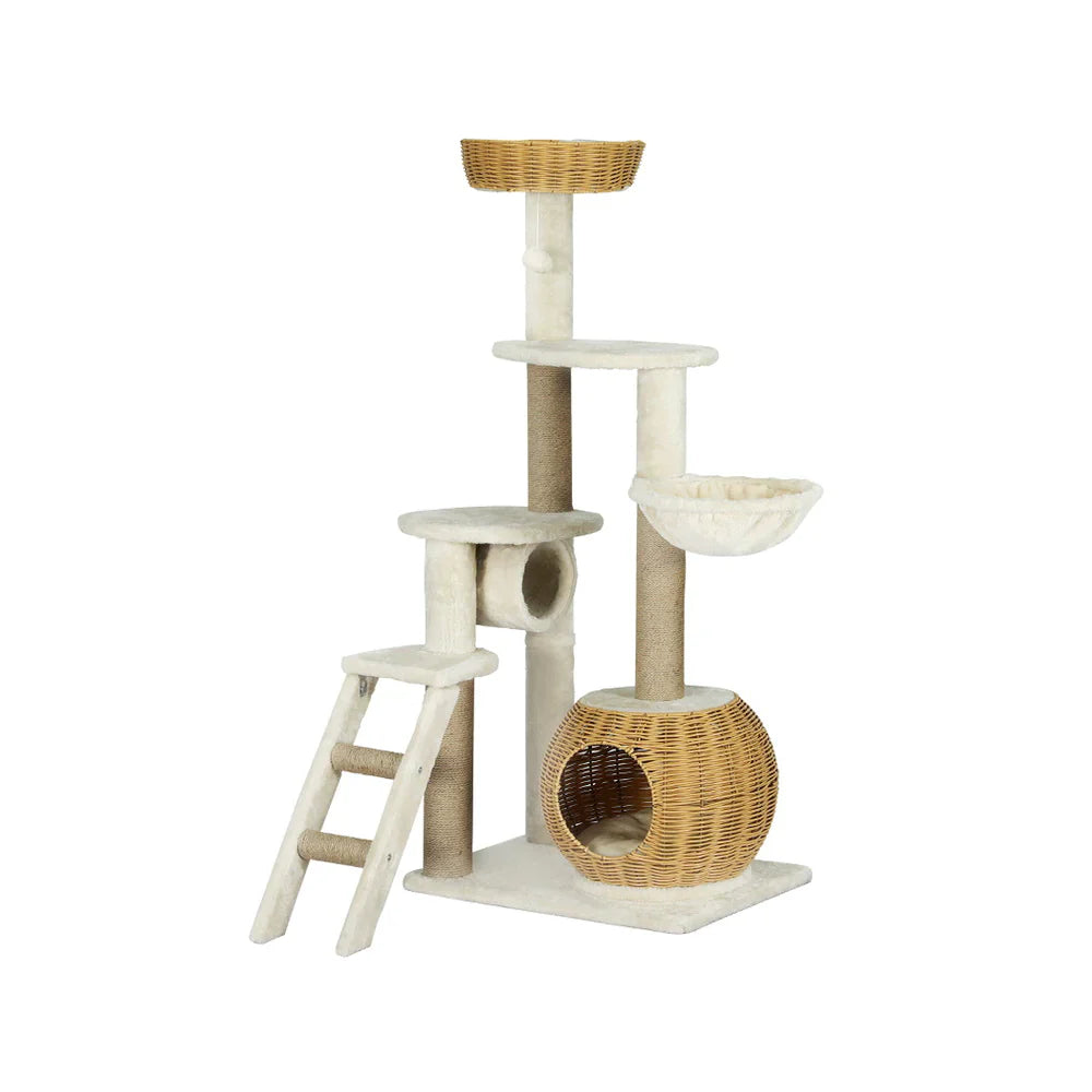 138cm Modern Rattan Cat Tower Scratching Post Condo-0