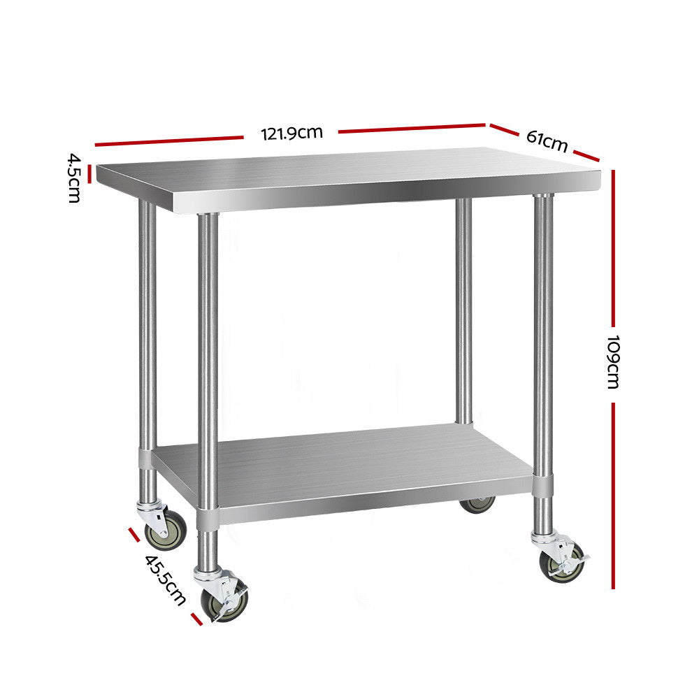 Cefito 1219x610mm Stainless Steel Kitchen Bench with Wheels 430