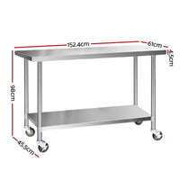 Thumbnail for Cefito 1524x610mm Stainless Steel Kitchen Bench with Wheels 430