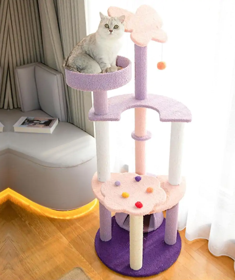 128cm Butterfly Plush Cat Condo Cat Tree in Pink Purple-2