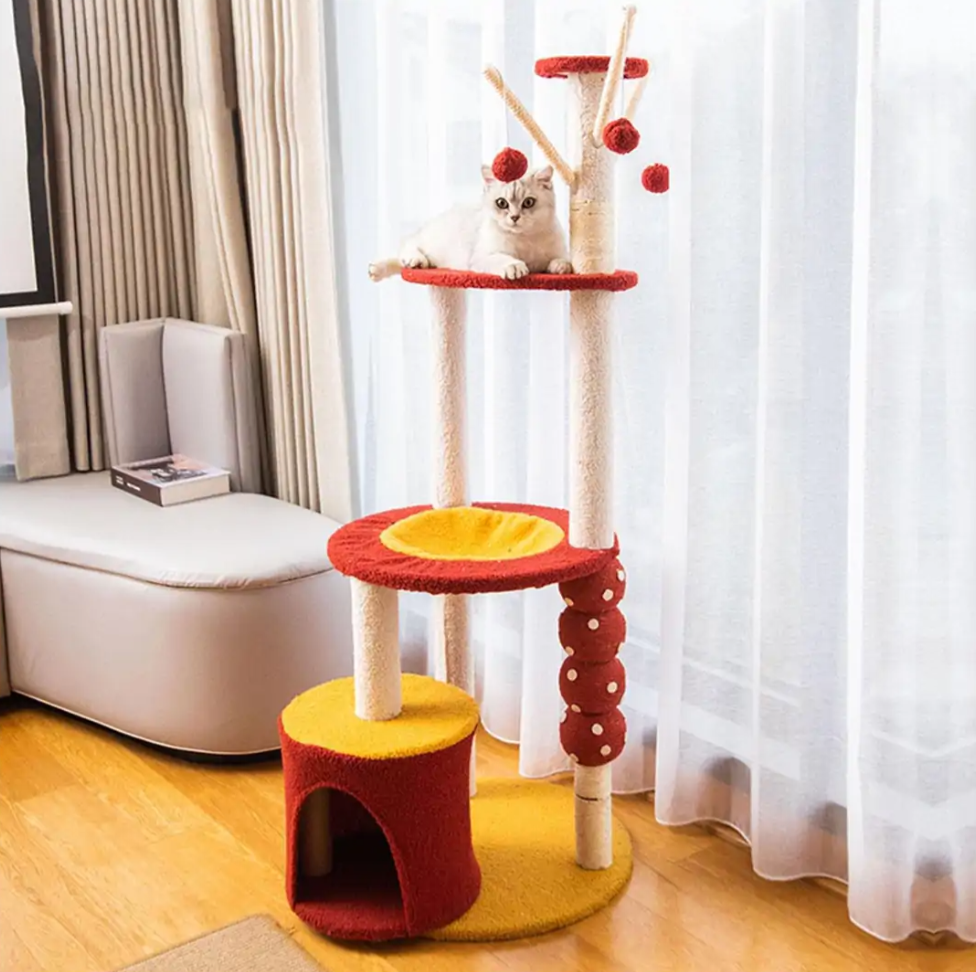 130cm Tanghulu Plush Cat Condo Cat Tree Red Yellow-3