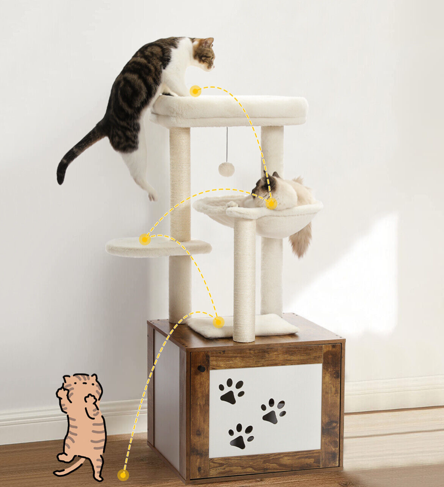 Wooden Cat Tree Tower With Litter Box Enclosure - Brown-1