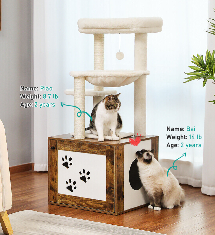 Wooden Cat Tree Tower With Litter Box Enclosure - Brown-2