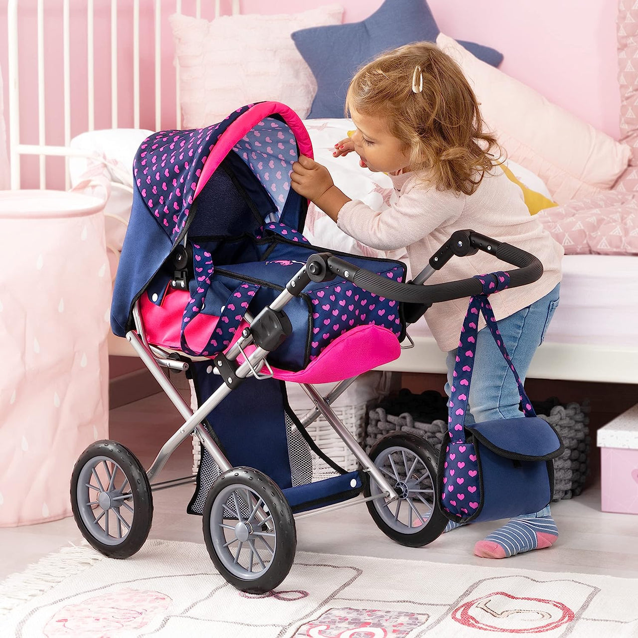 Baby Doll City Star Pram in Polka Dots, Blue and Pink