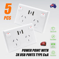 Thumbnail for 5PCS Double Power Point Dual USB+Type-C GPO Fast Charge 3.6 amp Wall Outlet