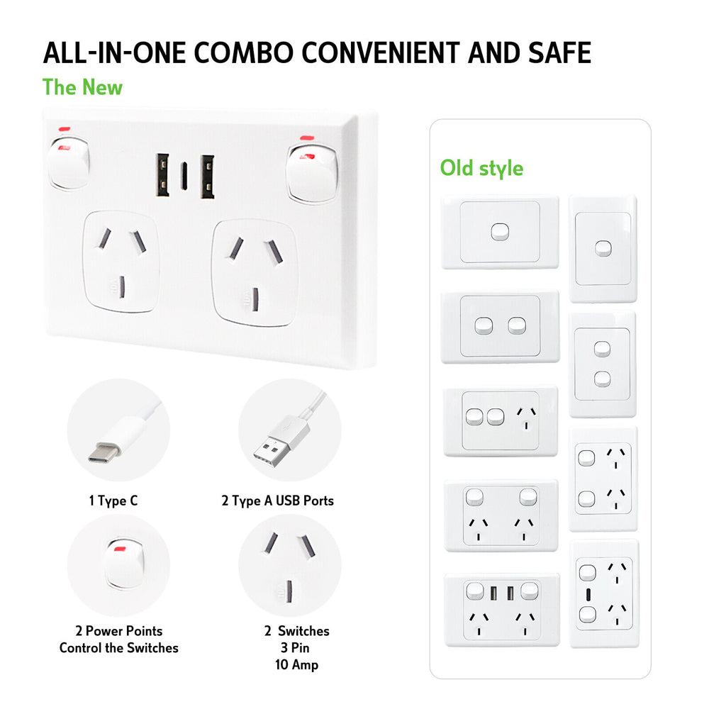 5PCS Double Power Point Dual USB+Type-C GPO Fast Charge 3.6 amp Wall Outlet