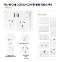 Thumbnail for 5PCS Double Power Point Dual USB+Type-C GPO Fast Charge 3.6 amp Wall Outlet