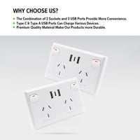 Thumbnail for 5PCS Double Power Point Dual USB+Type-C GPO Fast Charge 3.6 amp Wall Outlet