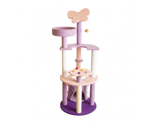 128cm Butterfly Plush Cat Condo Cat Tree in Pink Purple-0