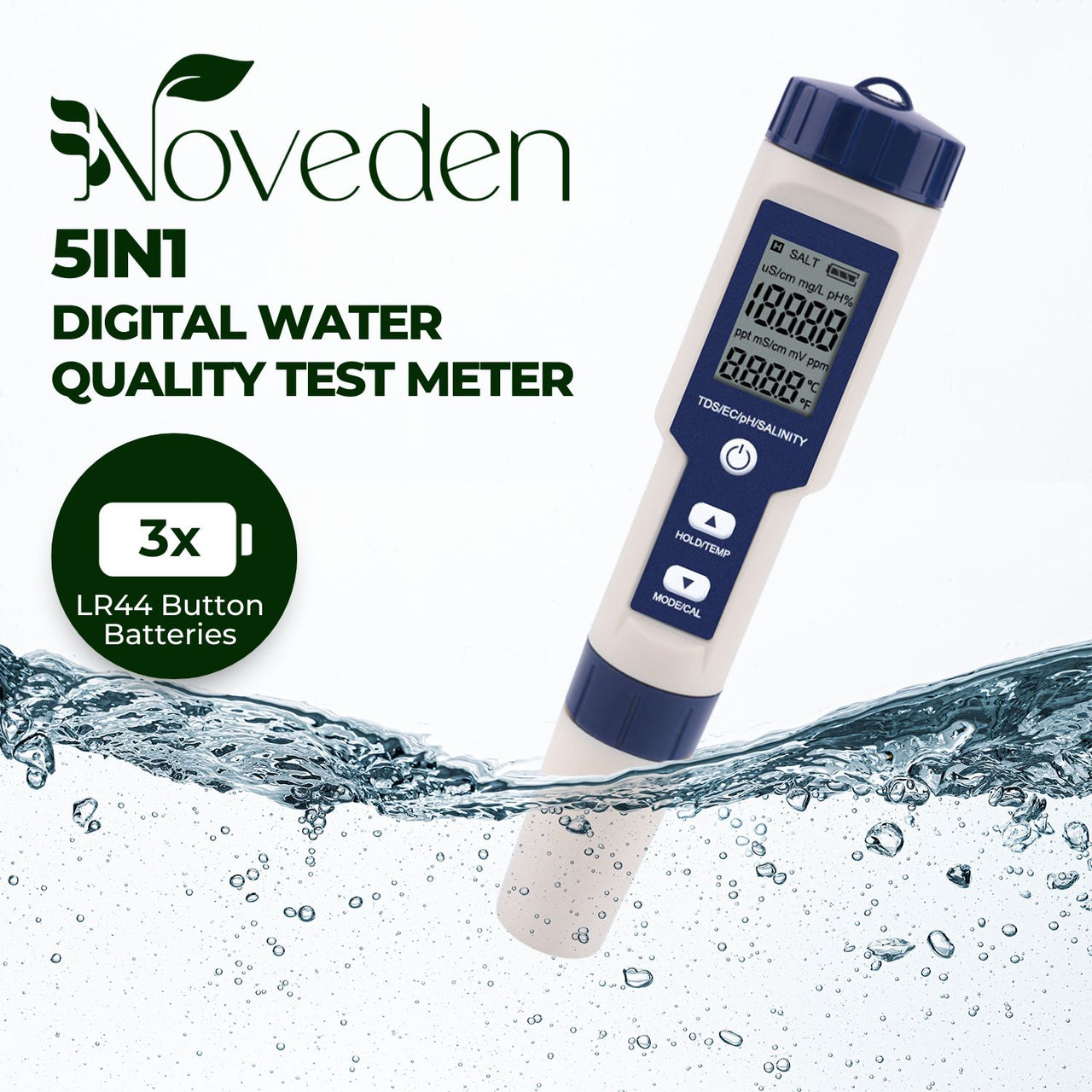 NOVEDEN 5 in 1 Digital Water Quality Test Meter(White+Blue)NE-PHM-100-JQ