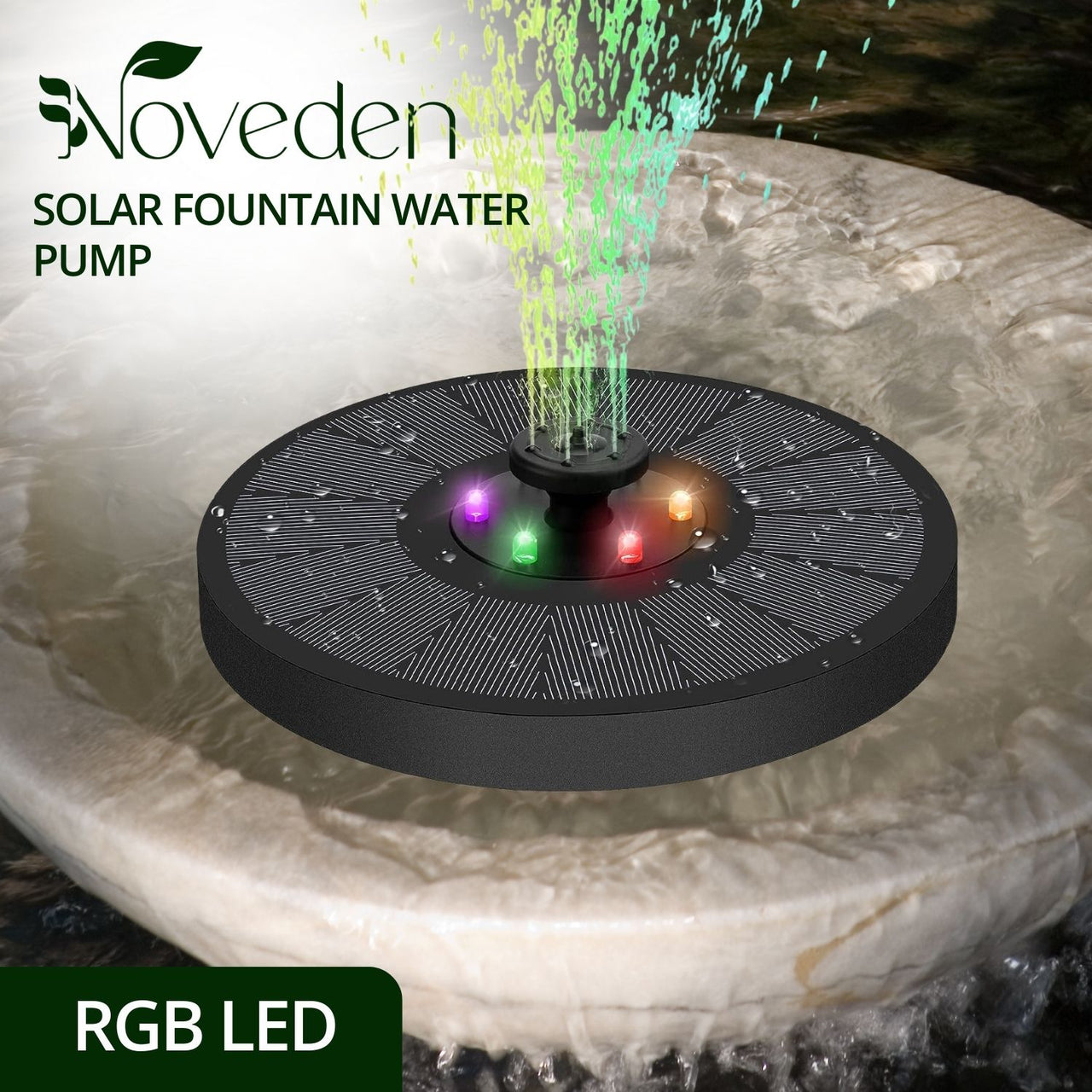 NOVEDEN Solar Fountain Water Pump for Bird Bath with RGB Color LED Lights (Black) NE-SPWF-102-SY