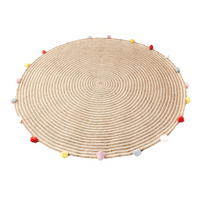 Thumbnail for Round Woven Jute Cotton Multicolour Pompom Rug 120 cm