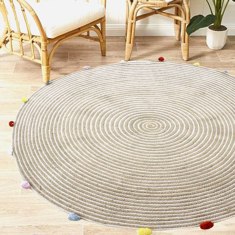 Round Woven Jute Cotton Multicolour Pompom Rug 120 cm