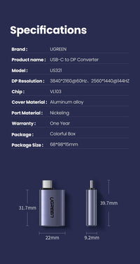 Thumbnail for UGREEN 70451 USB-C Male to DP Female Adapter Aluminium Case 4K/2K 60Hz (Dark Gray)