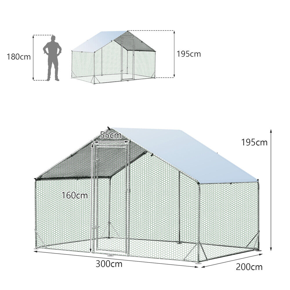 VaKa 3x2x1.95m Metal Walk-in Chicken Coop Rabbit Hutch Cage Hen House Chook Au