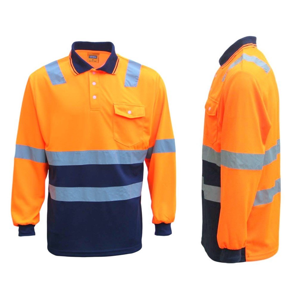 HI VIS Long Sleeve Workwear Shirt w Reflective Tape Cool Dry Safety Polo 2 Tone, Fluoro Orange / Navy, S