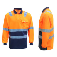 Thumbnail for HI VIS Long Sleeve Workwear Shirt w Reflective Tape Cool Dry Safety Polo 2 Tone, Fluoro Orange / Navy, S