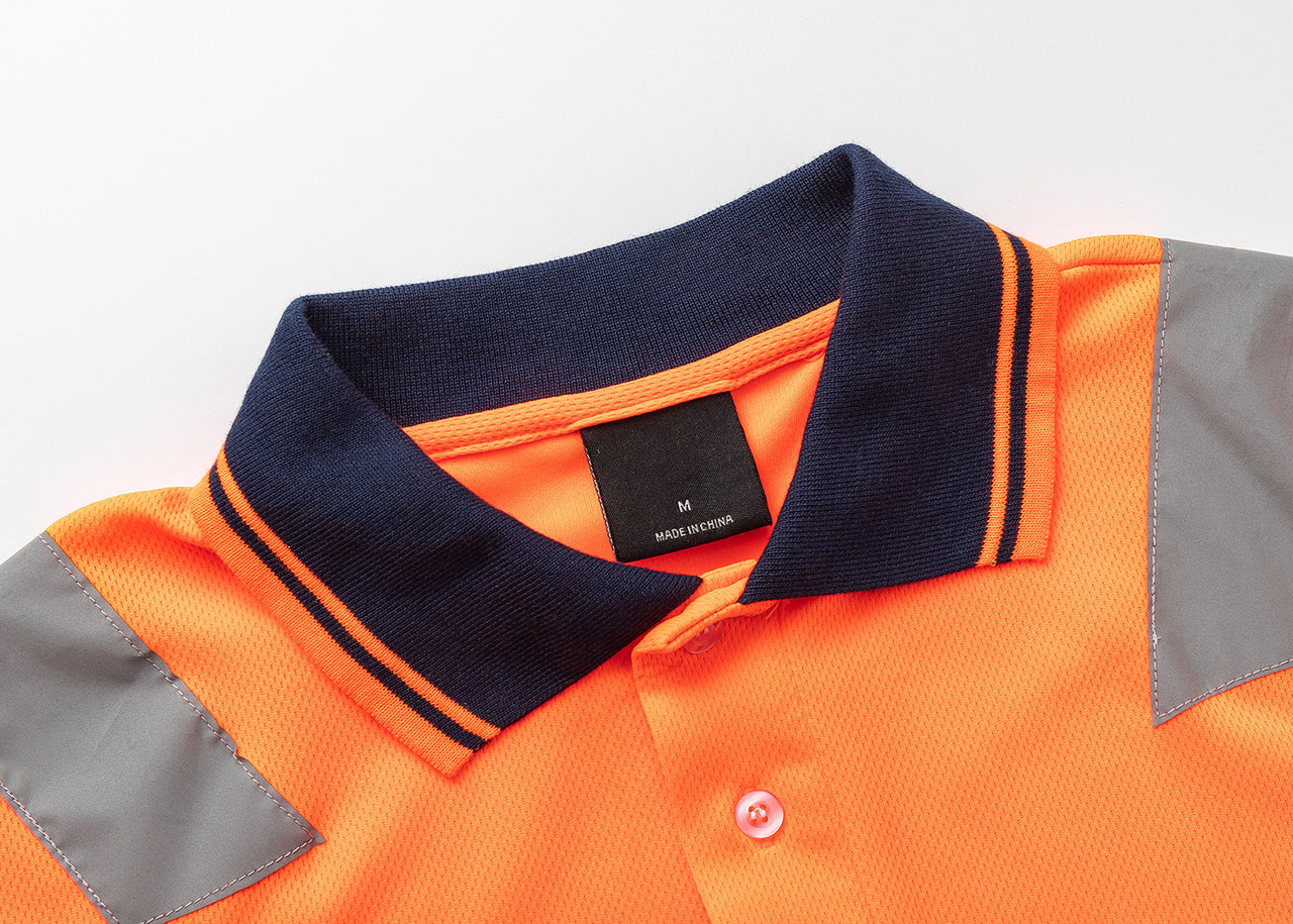 HI VIS Long Sleeve Workwear Shirt w Reflective Tape Cool Dry Safety Polo 2 Tone, Fluoro Orange / Navy, S