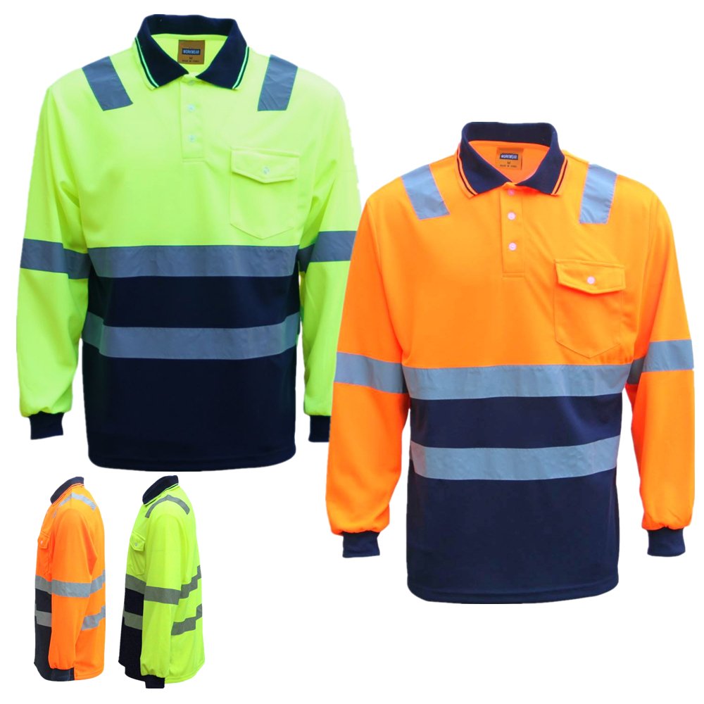 HI VIS Long Sleeve Workwear Shirt w Reflective Tape Cool Dry Safety Polo 2 Tone, Fluoro Orange / Navy, S